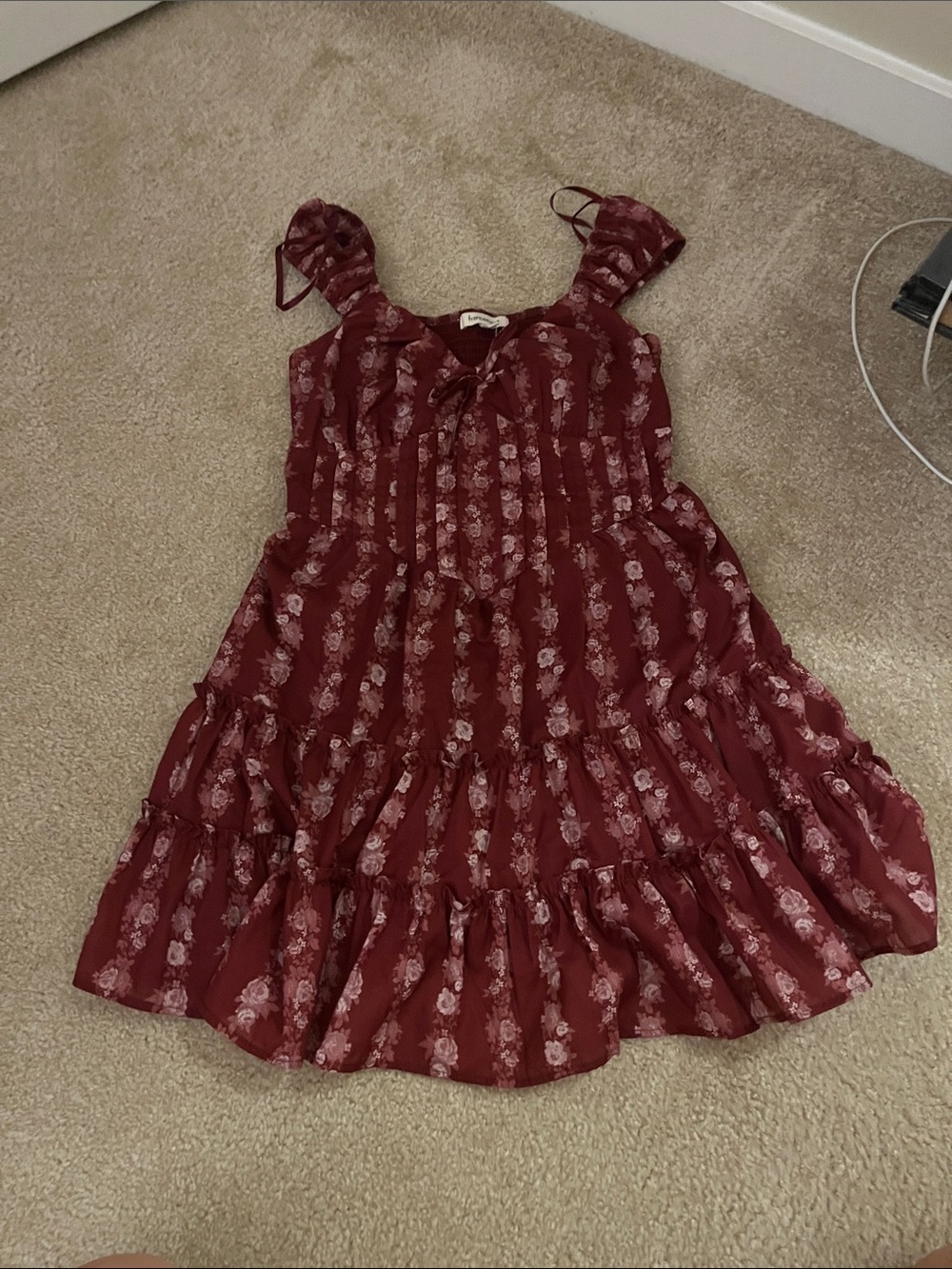 Burgundy Floral Ruffle Summer Dress